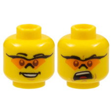 Eredeti, új LEGO férfi fej kétarcú napszemüveges vidám/mérges arc mintával, sárga (96581) - karakteres pótalkatrész minifigura építéshez