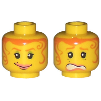 LEGO női fej kétarcú narancssárga hajfonat és mosolygó/ijedt arc mintával, sárga (3626)