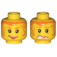 LEGO női fej kétarcú narancssárga hajfonat és mosolygó/ijedt arc mintával, sárga (3626)