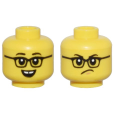 LEGO fiú fej kétarcú szemüveges vidám/mérges arc mintával, sárga (107542)