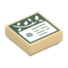 Eredeti, új LEGO csempe 1×1 információs tábla és leveles ág mintával, sárgásbarna (109773) - igényes elem a részletgazdag alkotásokhoz