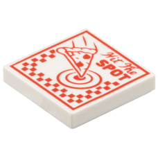 Eredeti, új LEGO csempe 2×2 pizza doboz Hit the Spot felirat mintával, fehér (104109) - igényes elem a részletgazdag alkotásokhoz