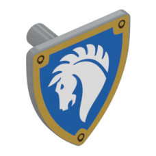 Eredeti, új LEGO pajzs fehér lófej kék háttéren mintával, világosszürke (112476) - védelmi felszerelés minifigura sereg alkotásához