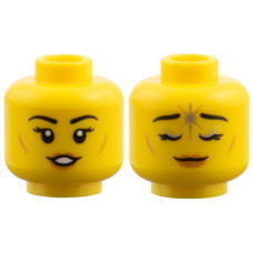LEGO női fej kétarcú mosolygó/lecsukott szemű csillag mintás arc mintával, sárga (3626)
