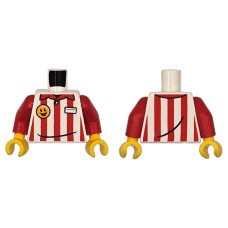 LEGO felsőtest piros csíkos ing, névtábla és mosolygós fej kitűző mintával, fehér (76382) - egyedi minifigura készítéshez
