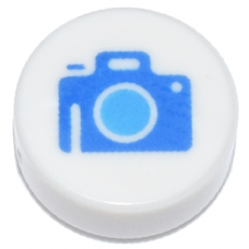 LEGO csempe 1×1 kerek kék színű fényképezőgép mintával, fehér (109054) --- Debrecenben raktáron!