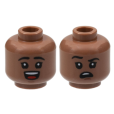 LEGO gyermek fej kétarcú nevető/zavarodott arc mintával, középbarna (95274)