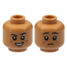 LEGO gyermek fej kétarcú szeplős mosolygó/szomorú arc mintával, középsötét testszínű (89275)