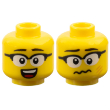 LEGO férfi fej kétarcú szemüveges sebhelyes meglepődött/nevető arc mintával, sárga (3274)