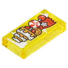 LEGO csempe 1×2 felhők között úszó torta és cukorka mintával, átlátszó sárga (108648)