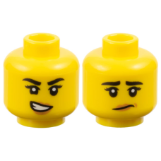 LEGO női fej kétarcú nevető/aggódó arc mintával, sárga (101417)