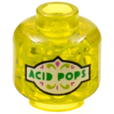 LEGO fej 'ACID POPS' felirat mintával, átlátszó sárga (79189)