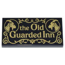 LEGO csempe 2×4 ''the Old Guarded Inn'' felirat mintával, fekete (110895)