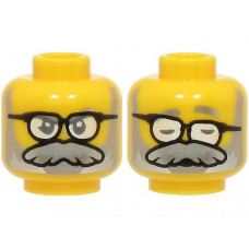 LEGO férfi fej kétarcú bajuszos szemüveges mérges/alvó arc mintával, sárga (3626pb3685)