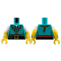 LEGO felsőtest fűzős ing, arany nyaklánc, öv és iránytű mintával, sötét türkizkék (76382)