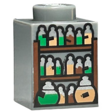 LEGO kocka 1x1 polc és bájital palackok mintával, sötétszürke (104892) 