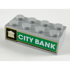 LEGO kocka 2x4 'CITY BANK' felirat mintával, világosszürke (67280)