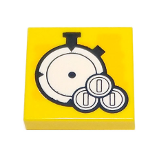 Eredeti, új LEGO csempe 2×2 stopperóra és érmék mintával (Super Mario), sárga (80494) - igényes elem a részletgazdag alkotásokhoz