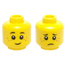 LEGO gyermek fej kétarcú nevető/szomorú arc mintával, sárga (96004)