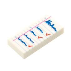 LEGO csempe 1x2 kipipált lista (kék írás, piros pipa) mintával, fehér (73792)