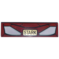 LEGO csempe 1×4 Iron Man maszk és 'STARK' felirat mintával, sötétpiros (24835)