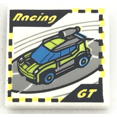 LEGO csempe 2×2 versenyautó és 'RACING' 'GT' felirat mintával, fehér (36922)