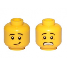 LEGO férfi fej kétarcú mosolygós/ijedt arc mintával, sárga (32729)