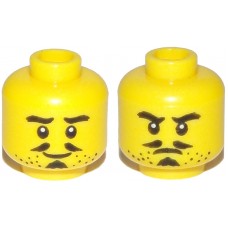 LEGO férfi fej kétarcú bajuszos borostás mosolygó/mérges arc mintával, sárga (38986) --- Debrecenben raktáron!