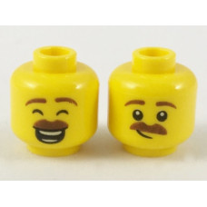 LEGO férfi fej kétarcú bajuszos mosolygó/nevető arc mintával, sárga (38686)