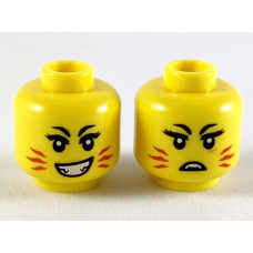LEGO női fej kétarcú piros cicabajusz és hegyes fogak mintával (Akita), sárga (58023)