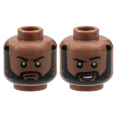 LEGO férfi fej kétarcú semleges/vigyorgó arc mintával, középbarna (100584)