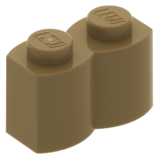 LEGO kocka 1x2 módosított farönk alakú, sötét sárgásbarna (30136)