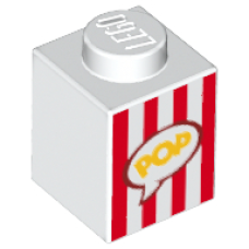 Eredeti, új LEGO kocka 1x1 popcorn doboz mintával, fehér (43156) - alapvető építőelem, alkatrész
