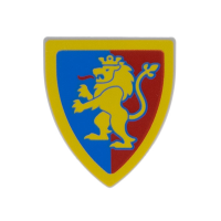 LEGO pajzs sárga oroszlán kék és piros háttéren mintával, világosszürke (102330)