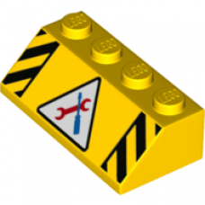 LEGO tetőelem 45°-os 2×4 szerelőműhely embléma mintával, sárga (43307)