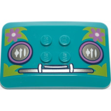 LEGO ék 6×4×2/3 íves tetején középen négy bütyökkel (tetőelem) lökhárító, fényszóró és virág mintával, sötét türkiz (98281/66515)